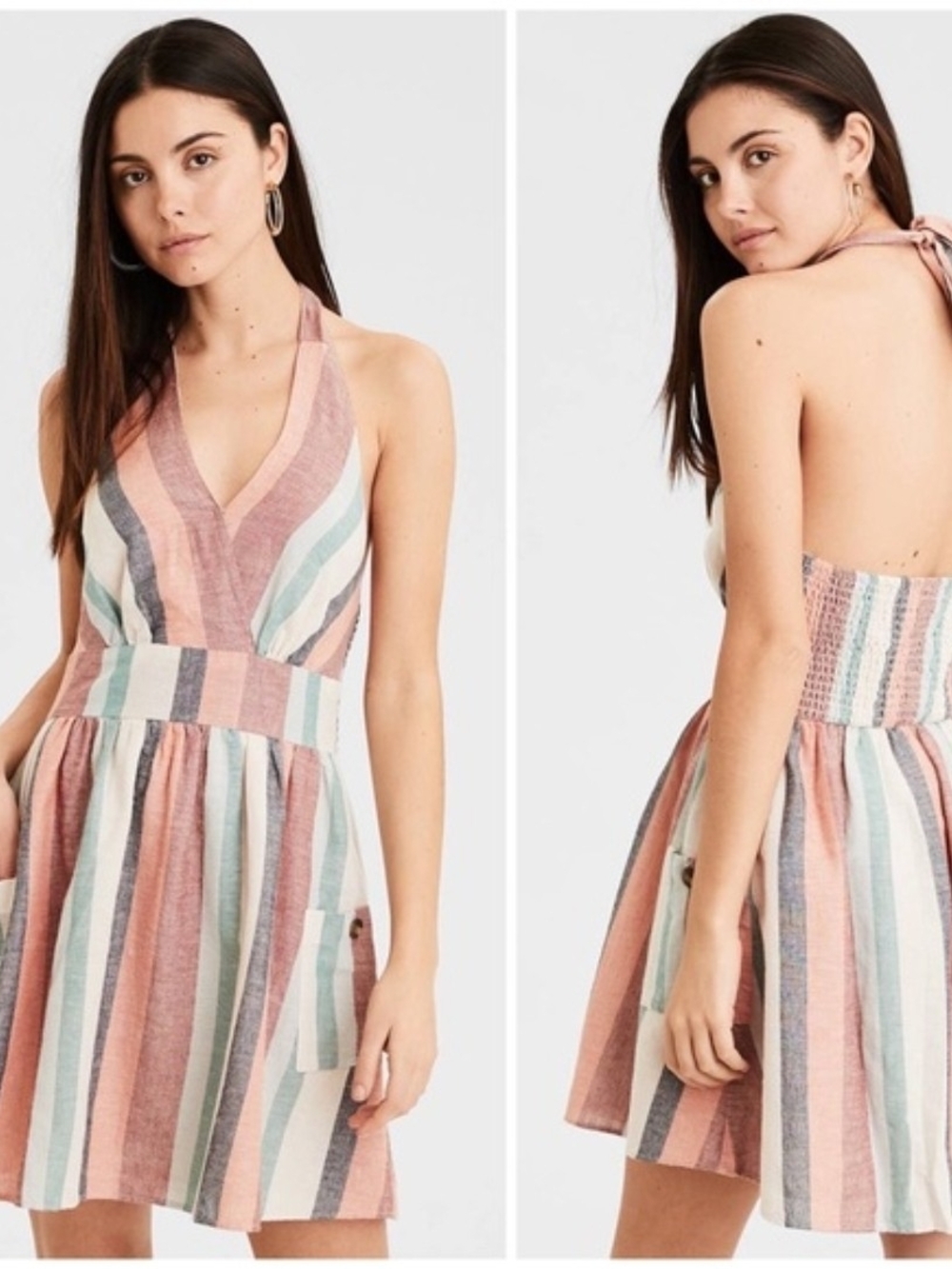 American Eagle Outfitters Multicolor Striped Halter Backless Sundress Large Euc